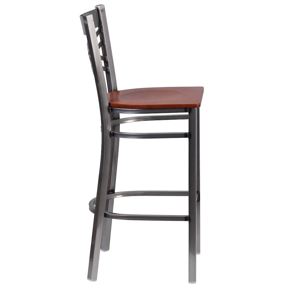 Clear Coated ''X'' Back Metal Restaurant Barstool - Cherry Wood Seat. Picture 5