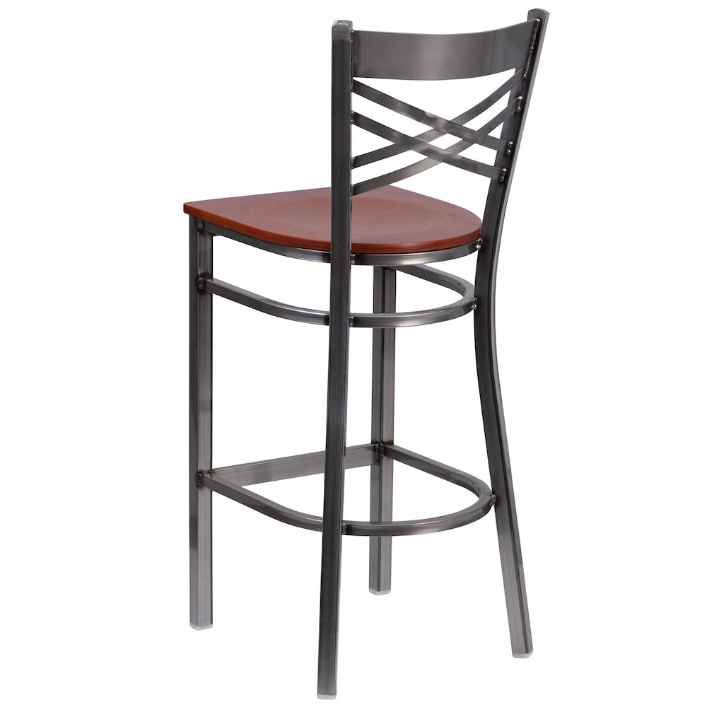 Clear Coated ''X'' Back Metal Restaurant Barstool - Cherry Wood Seat. Picture 4