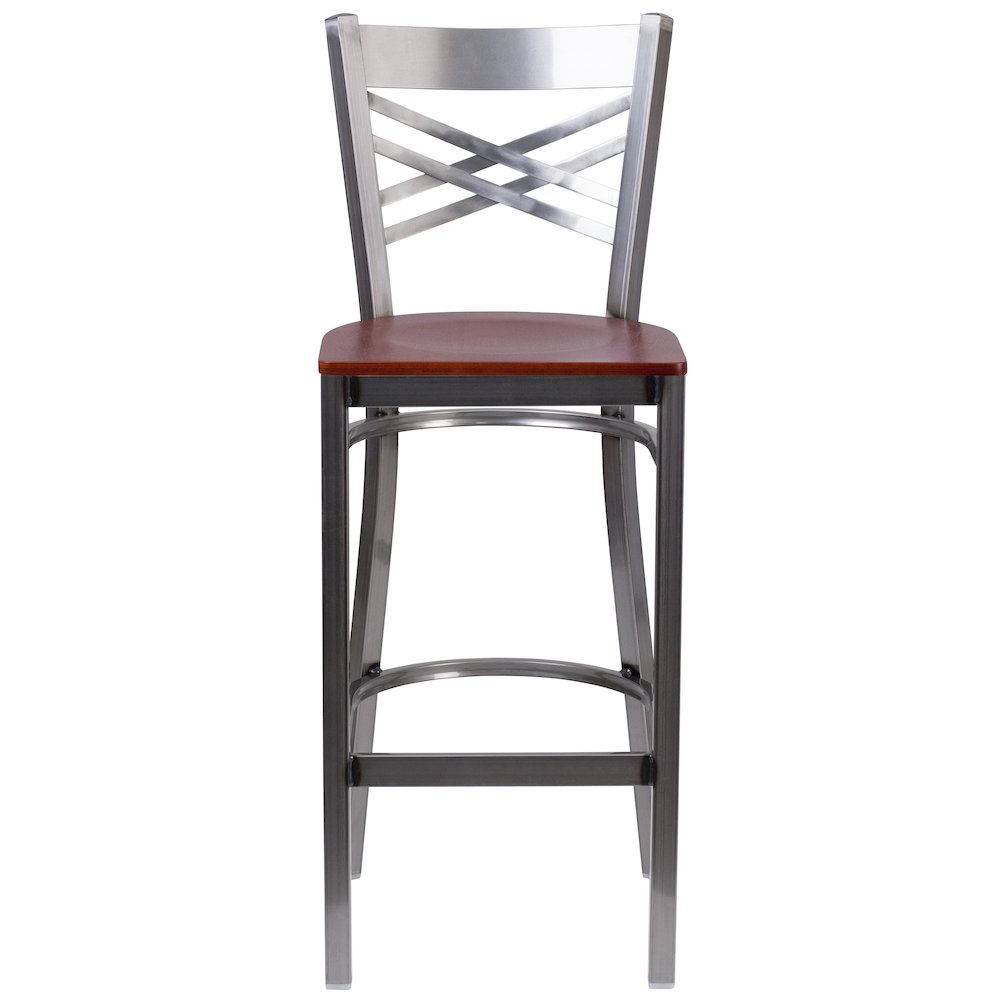 Clear Coated ''X'' Back Metal Restaurant Barstool - Cherry Wood Seat. Picture 6