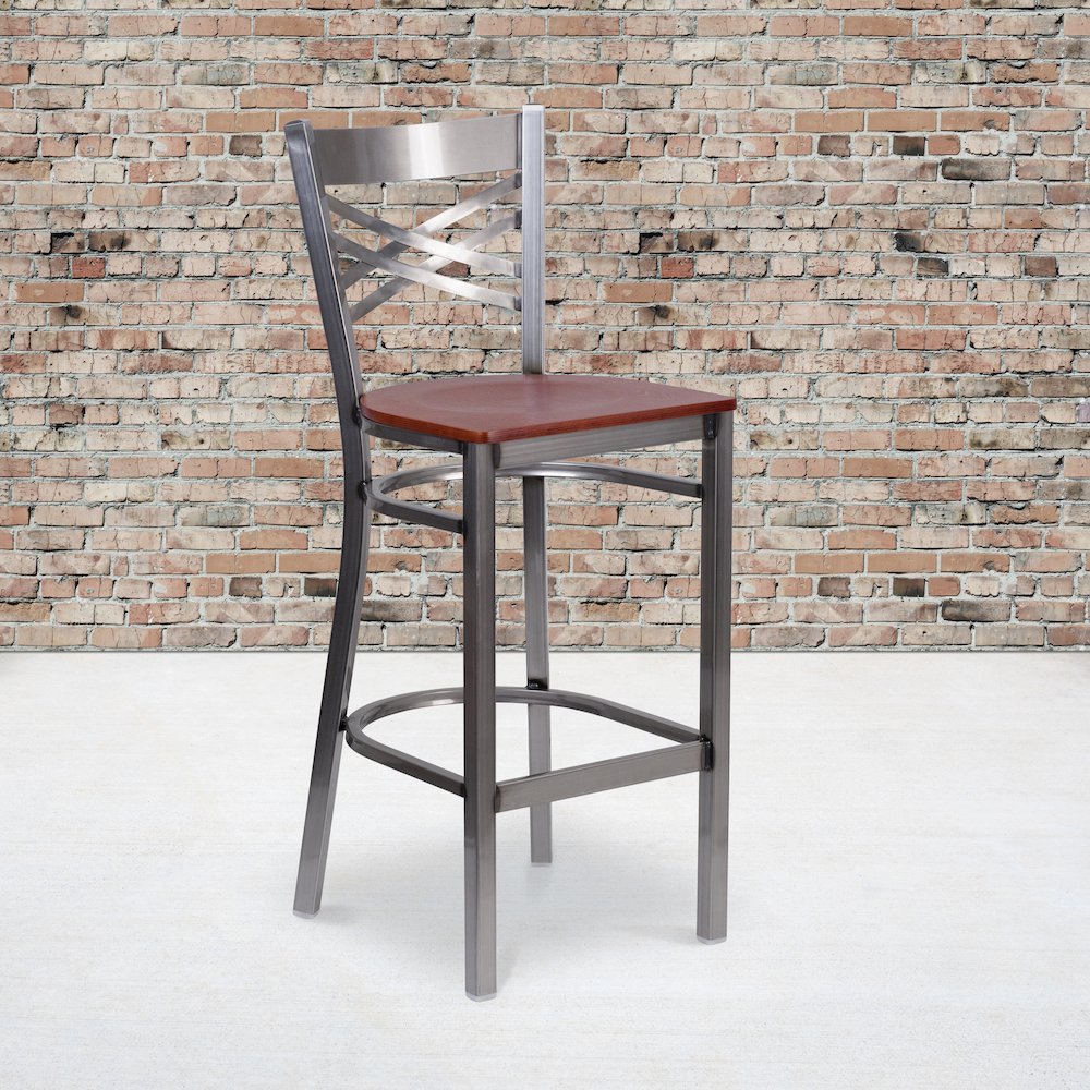 Clear Coated ''X'' Back Metal Restaurant Barstool - Cherry Wood Seat. Picture 2