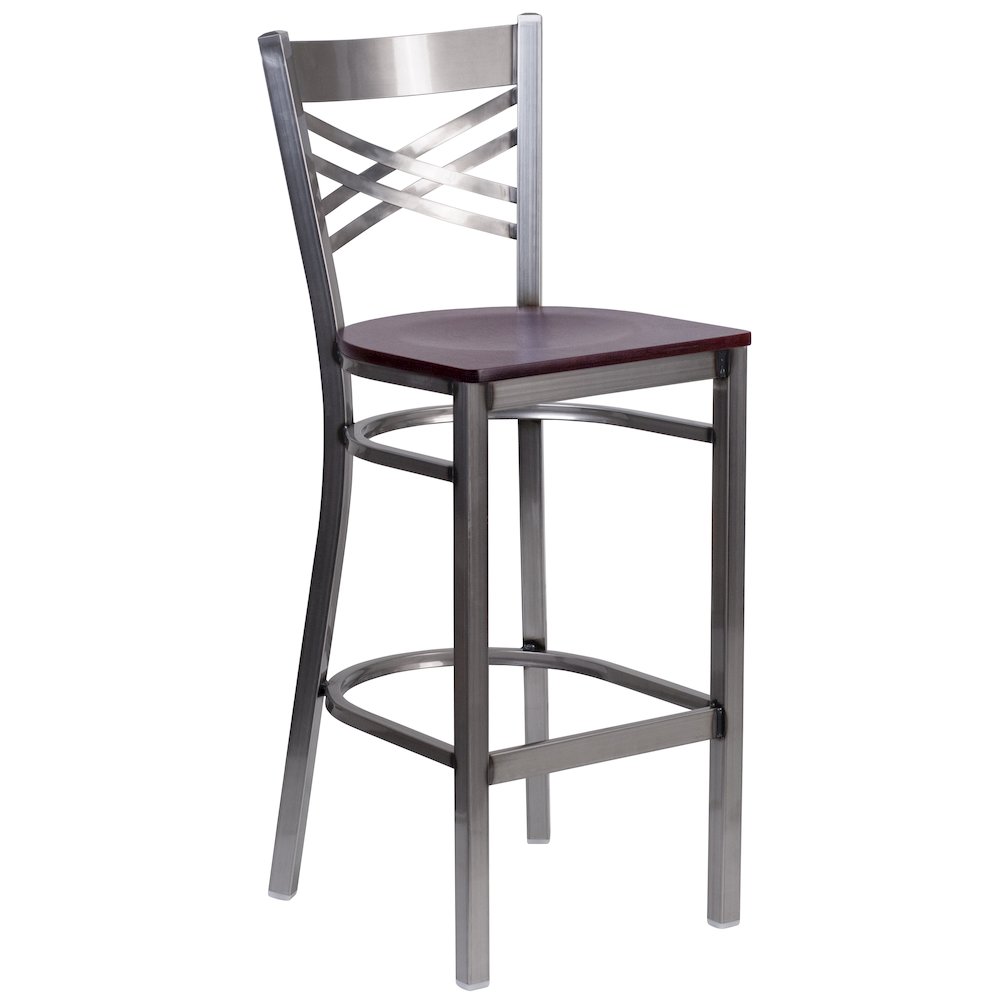 Clear Coated ''X'' Back Metal Restaurant Barstool - Mahogany Wood Seat. Picture 1