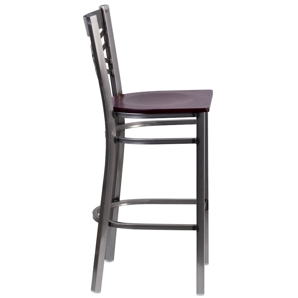 Clear Coated ''X'' Back Metal Restaurant Barstool - Mahogany Wood Seat. Picture 2