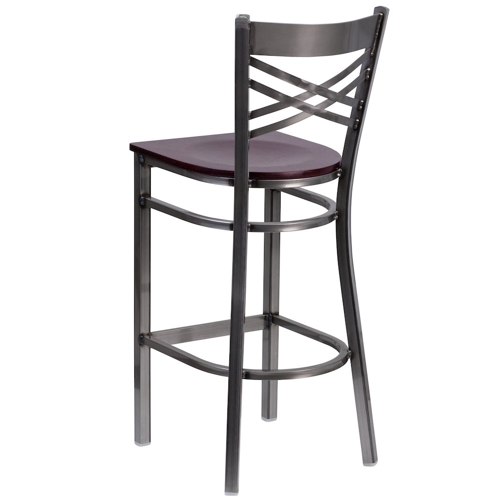 Clear Coated ''X'' Back Metal Restaurant Barstool - Mahogany Wood Seat. Picture 3