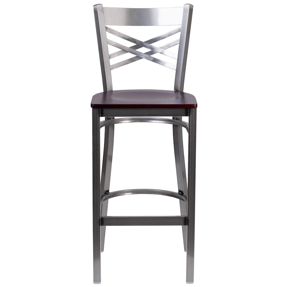 Clear Coated ''X'' Back Metal Restaurant Barstool - Mahogany Wood Seat. Picture 4