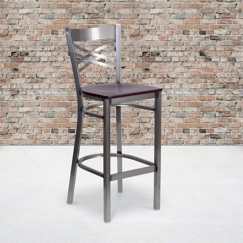 Clear Coated ''X'' Back Metal Restaurant Barstool - Mahogany Wood Seat. Picture 5