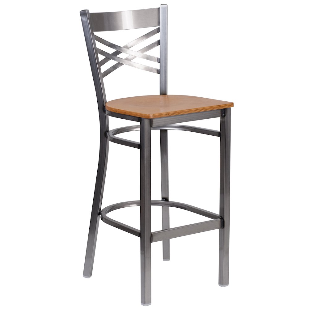 Clear Coated ''X'' Back Metal Restaurant Barstool - Natural Wood Seat. Picture 1
