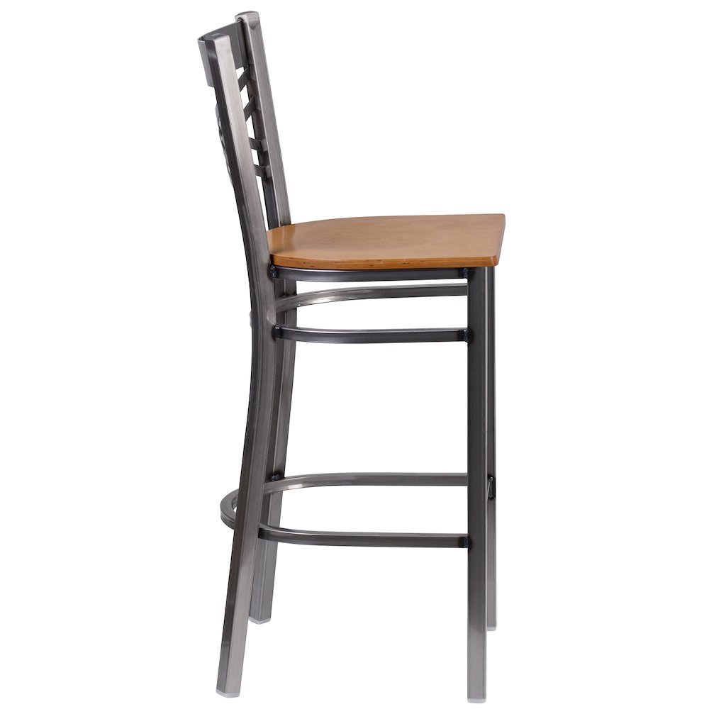 Clear Coated ''X'' Back Metal Restaurant Barstool - Natural Wood Seat. Picture 5