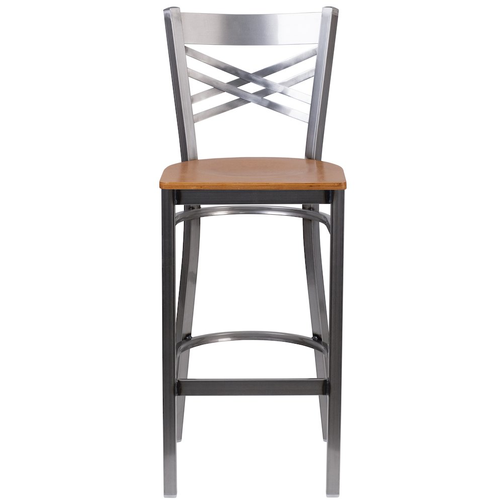 Clear Coated ''X'' Back Metal Restaurant Barstool - Natural Wood Seat. Picture 6