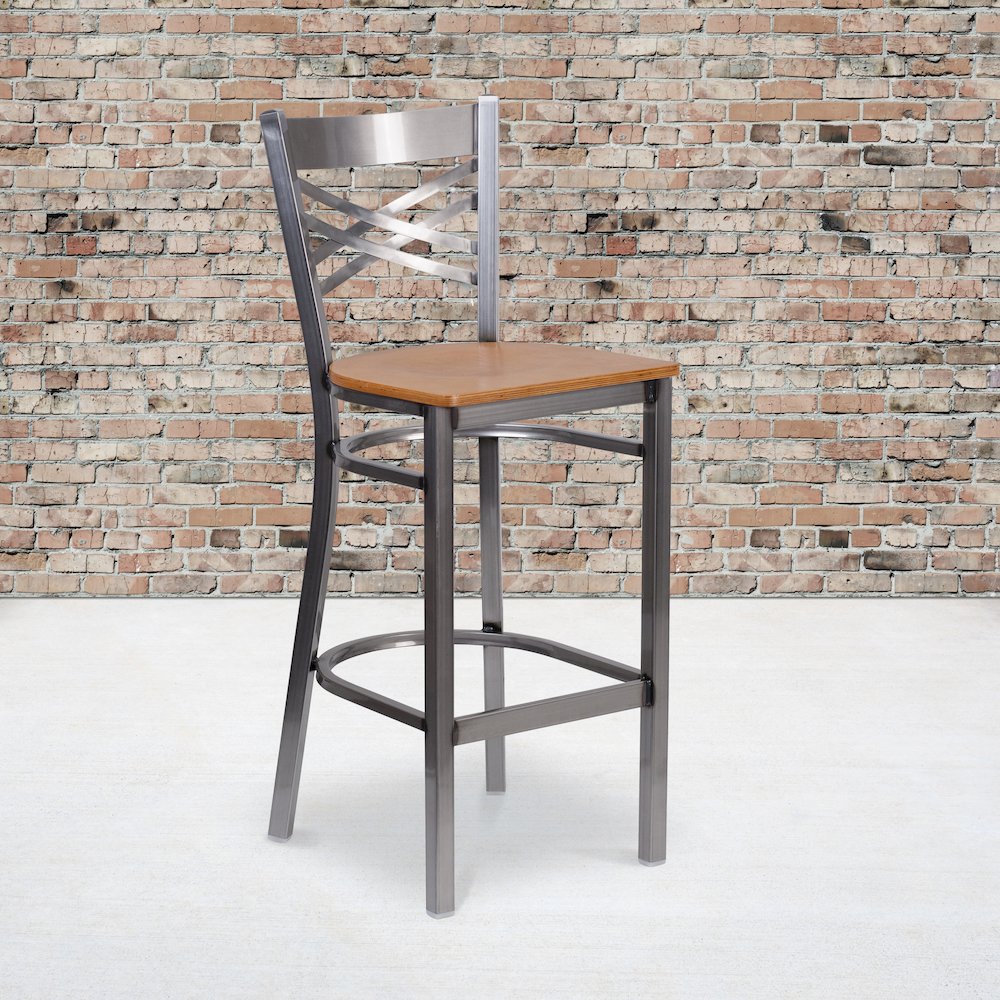 Clear Coated ''X'' Back Metal Restaurant Barstool - Natural Wood Seat. Picture 2