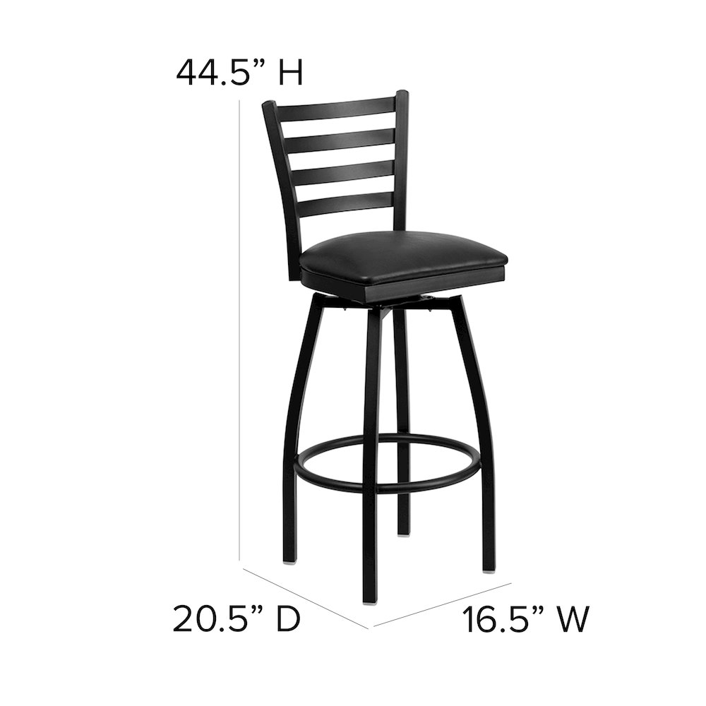 Black Ladder Back Swivel Metal Barstool - Black Vinyl Seat. Picture 6