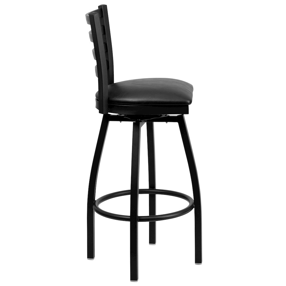Black Ladder Back Swivel Metal Barstool - Black Vinyl Seat. Picture 9