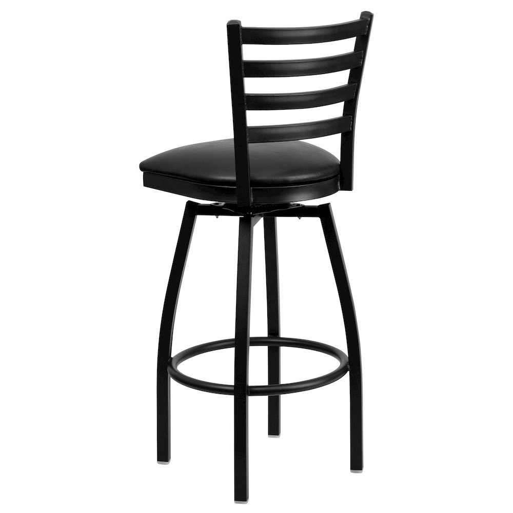 Black Ladder Back Swivel Metal Barstool - Black Vinyl Seat. Picture 7