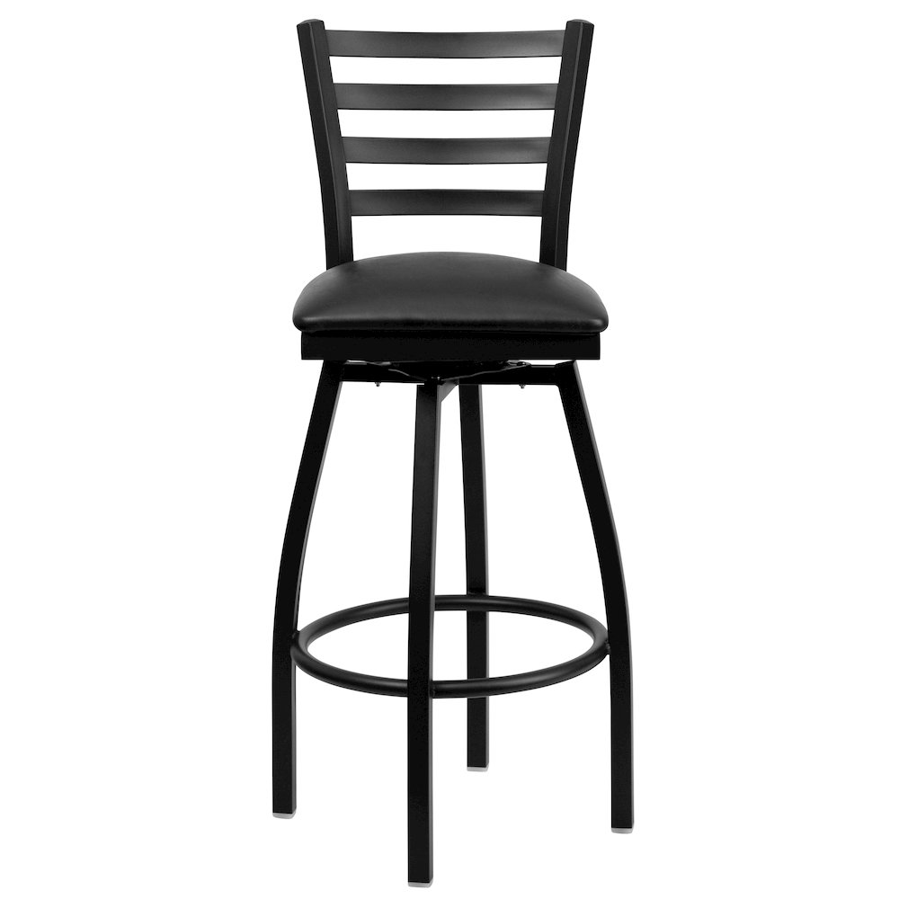 Black Ladder Back Swivel Metal Barstool - Black Vinyl Seat. Picture 10