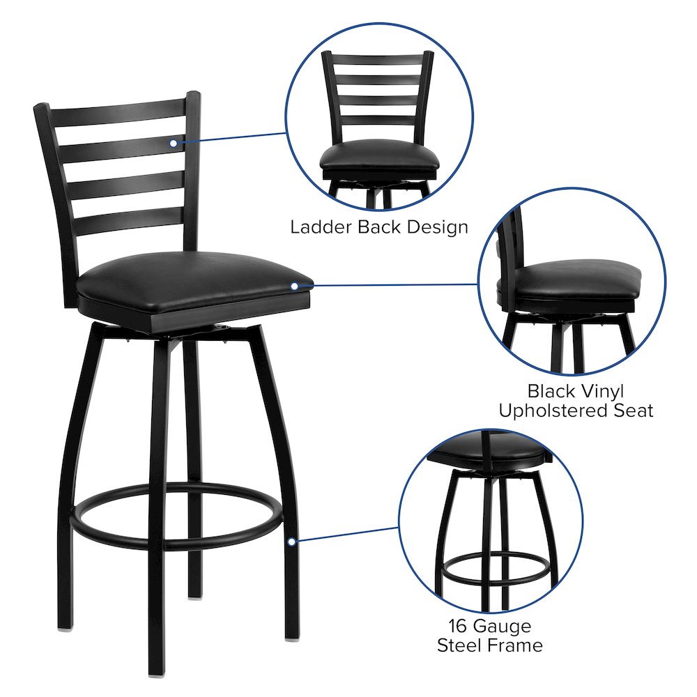 Black Ladder Back Swivel Metal Barstool - Black Vinyl Seat. Picture 5