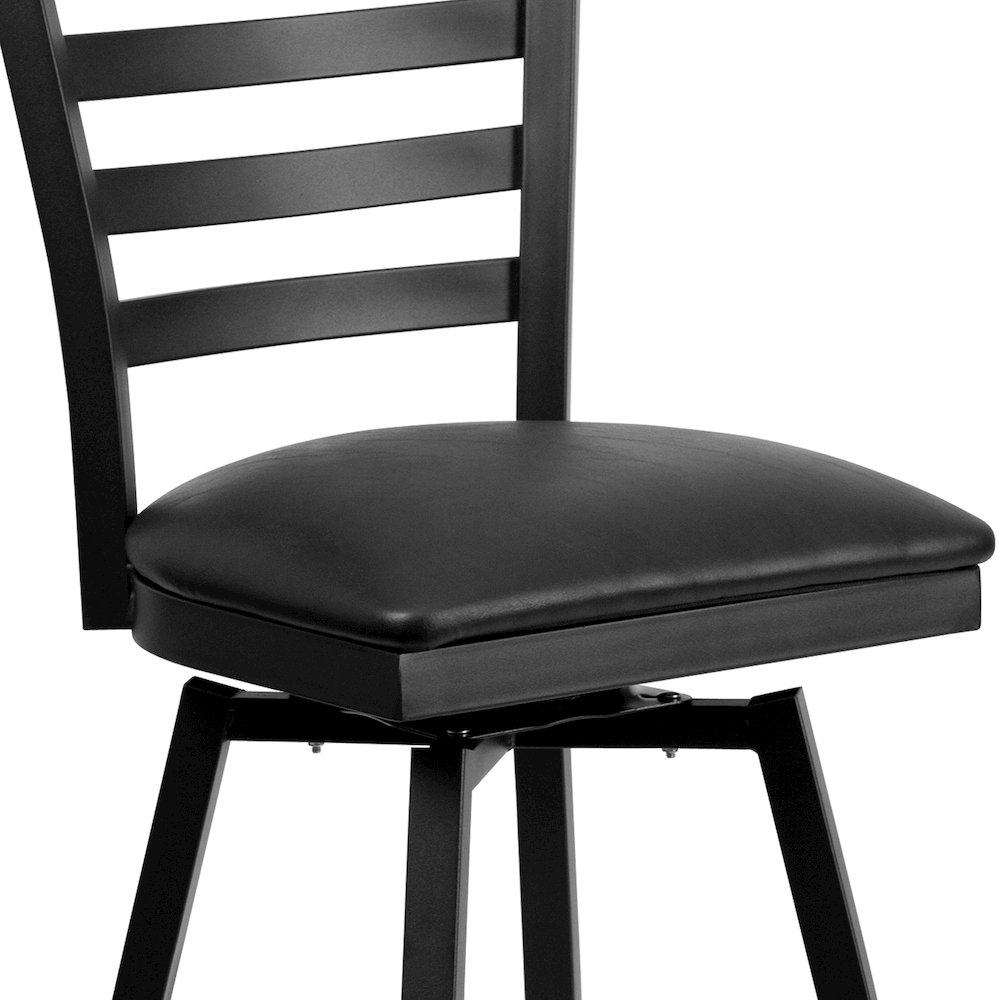 Black Ladder Back Swivel Metal Barstool - Black Vinyl Seat. Picture 11