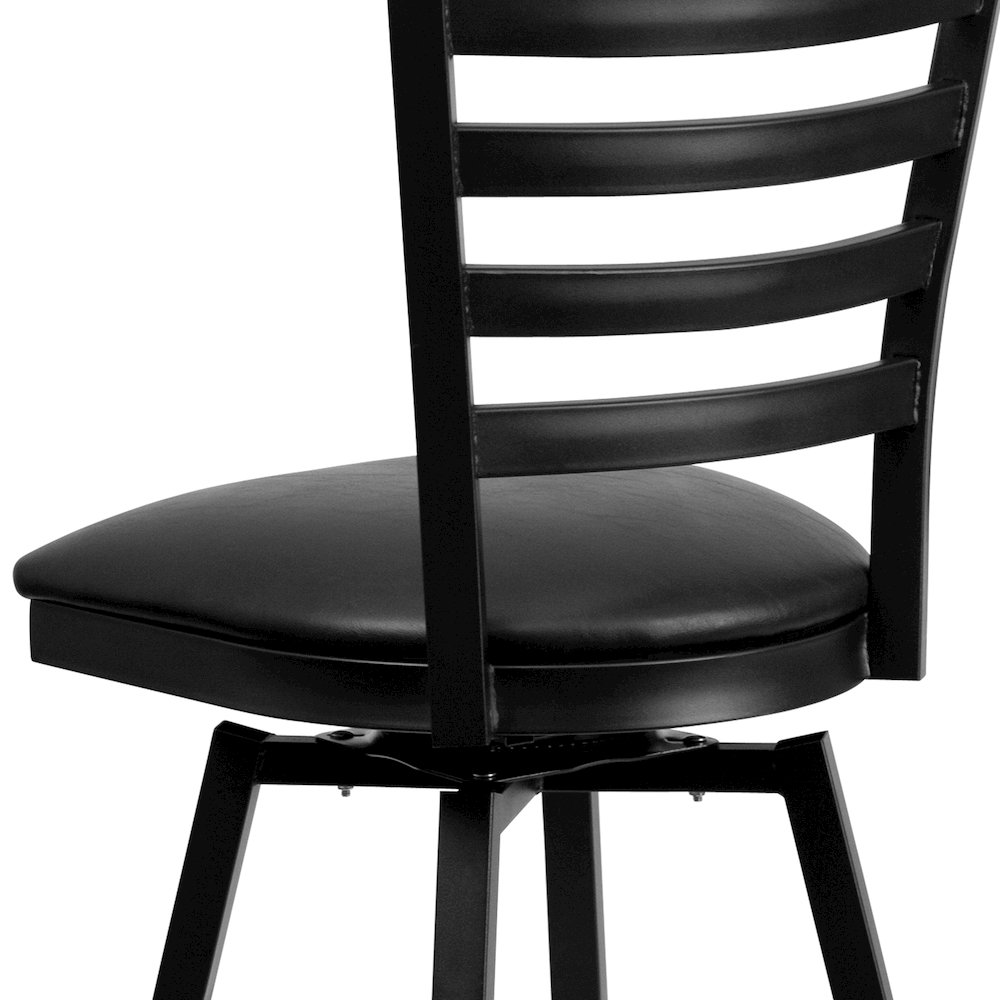 Black Ladder Back Swivel Metal Barstool - Black Vinyl Seat. Picture 8