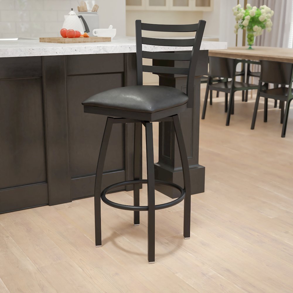 Black Ladder Back Swivel Metal Barstool - Black Vinyl Seat. Picture 2