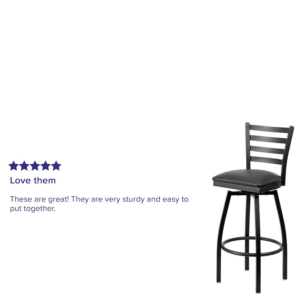 Black Ladder Back Swivel Metal Barstool - Black Vinyl Seat. Picture 4