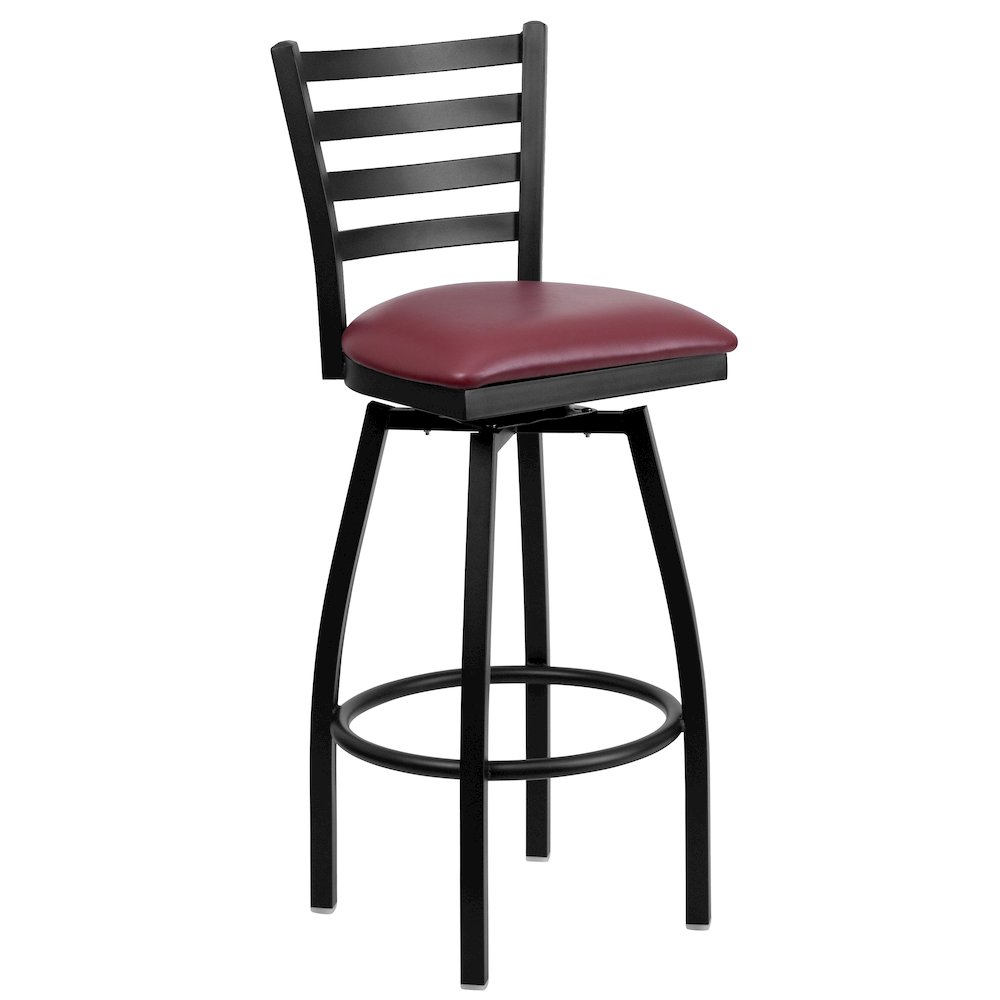 Black Ladder Back Swivel Metal Barstool - Burgundy Vinyl Seat. Picture 1