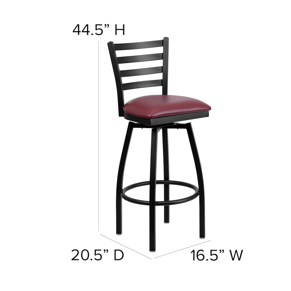 Black Ladder Back Swivel Metal Barstool - Burgundy Vinyl Seat. Picture 5