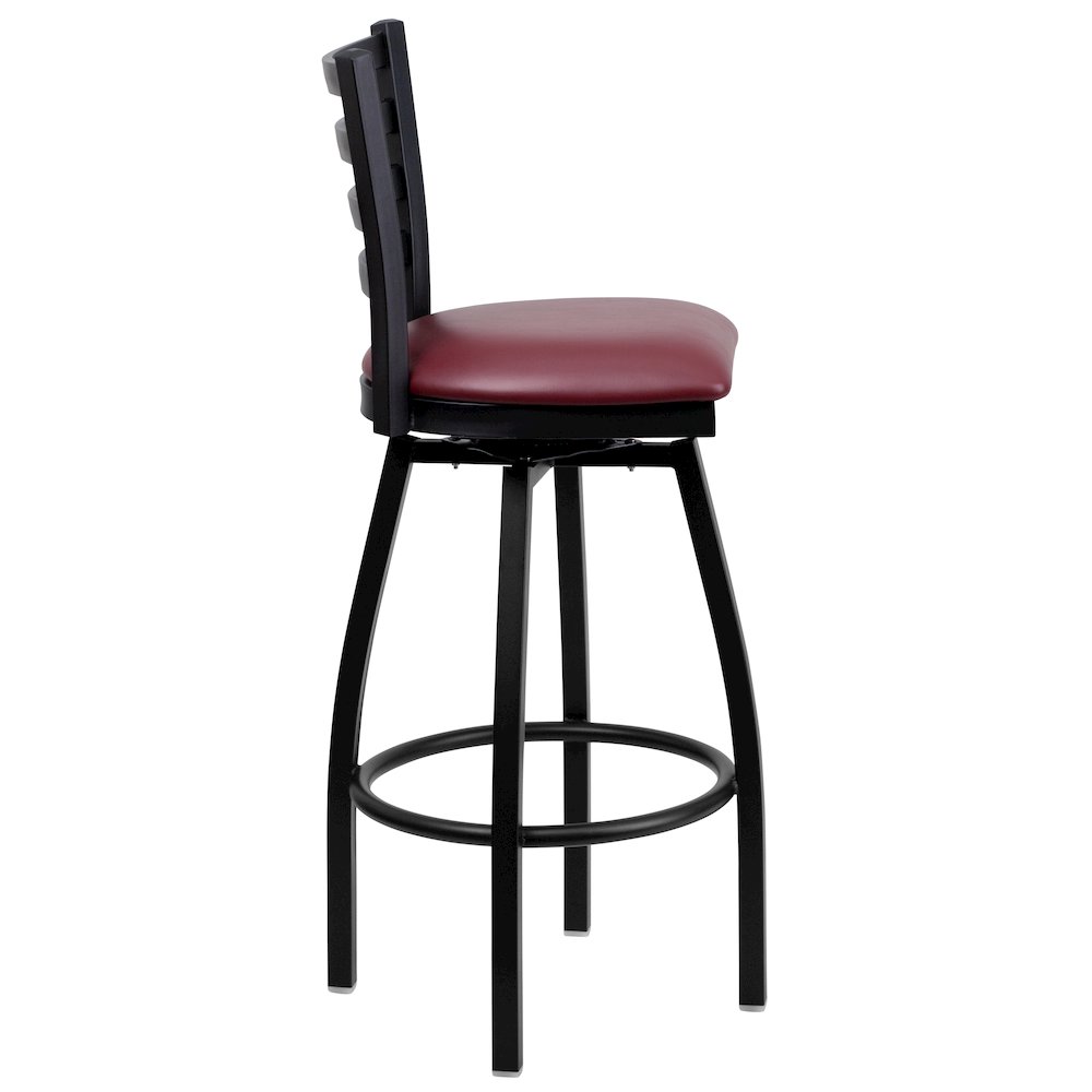Black Ladder Back Swivel Metal Barstool - Burgundy Vinyl Seat. Picture 2