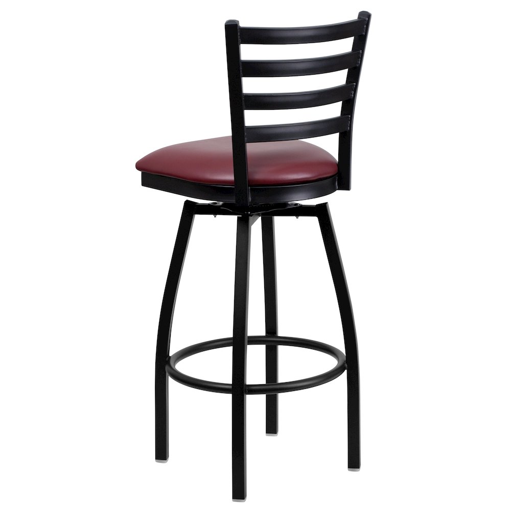 Black Ladder Back Swivel Metal Barstool - Burgundy Vinyl Seat. Picture 3