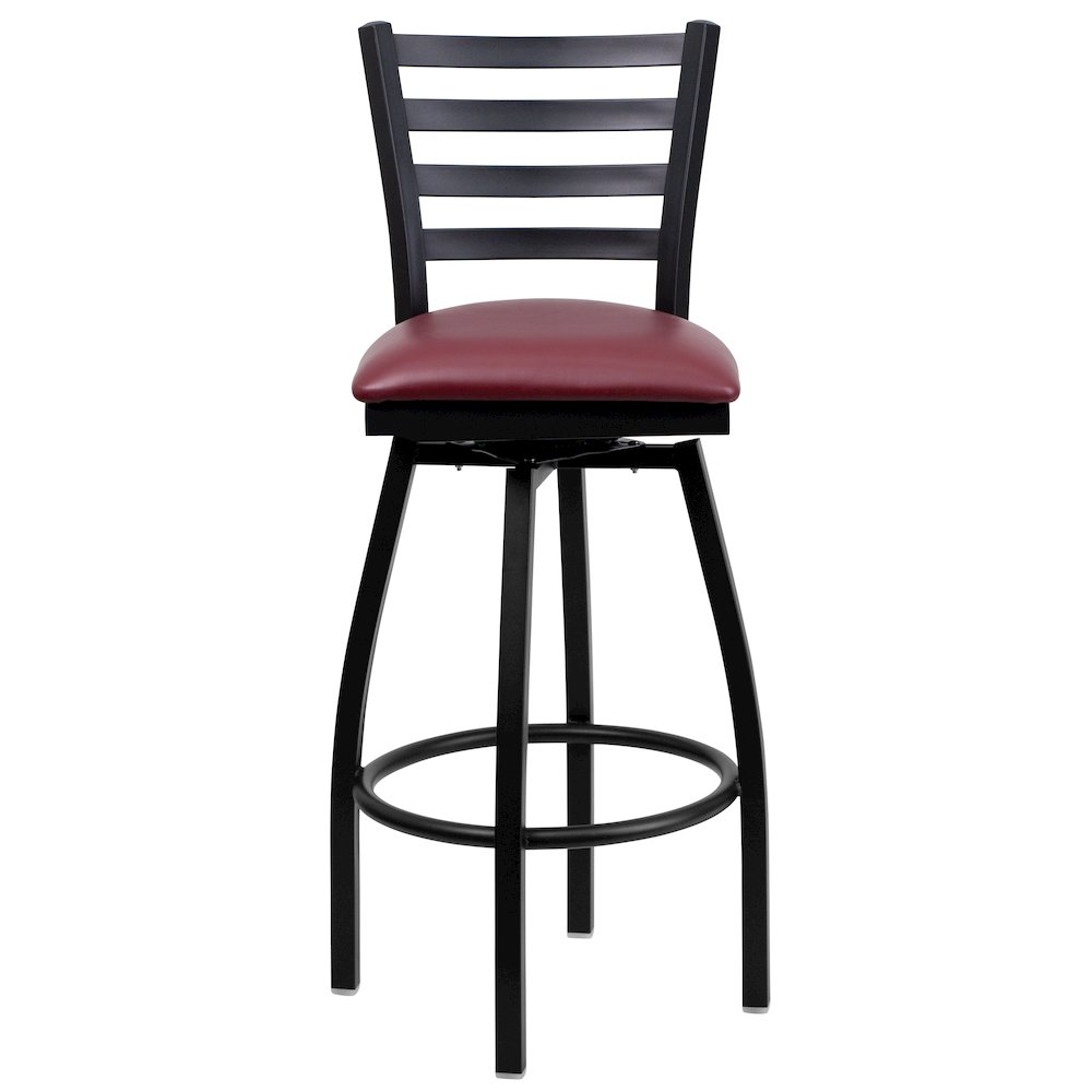 Black Ladder Back Swivel Metal Barstool - Burgundy Vinyl Seat. Picture 4