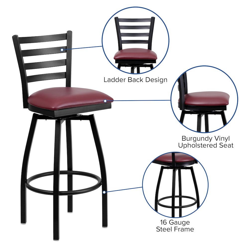 Black Ladder Back Swivel Metal Barstool - Burgundy Vinyl Seat. Picture 4
