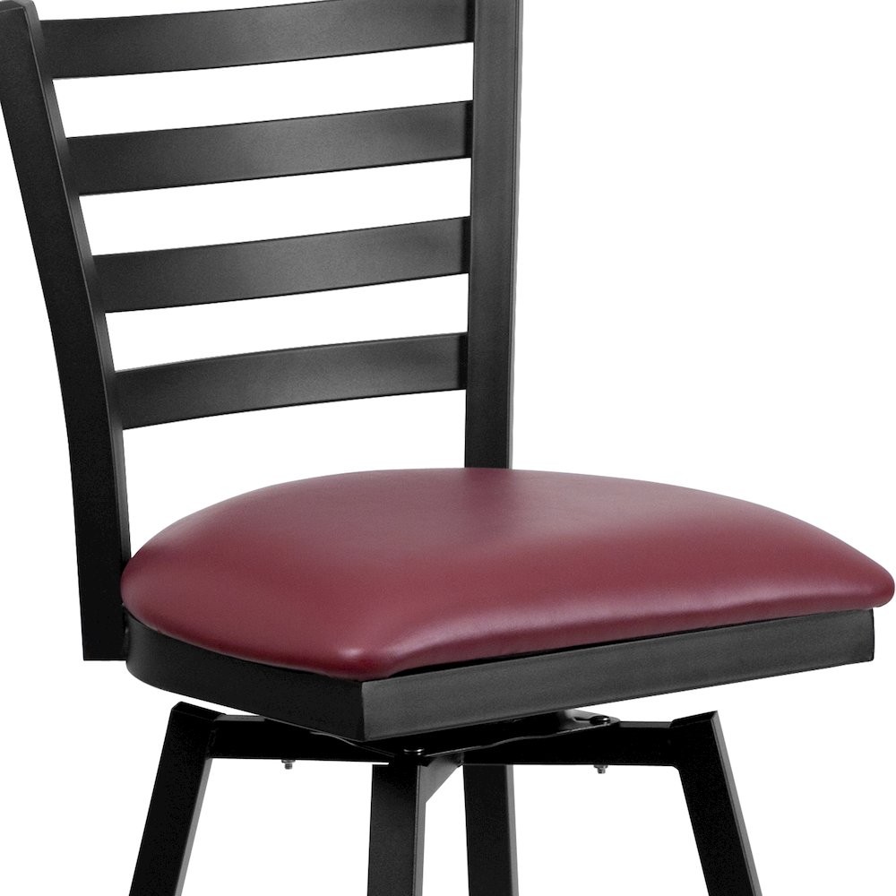 Black Ladder Back Swivel Metal Barstool - Burgundy Vinyl Seat. Picture 5