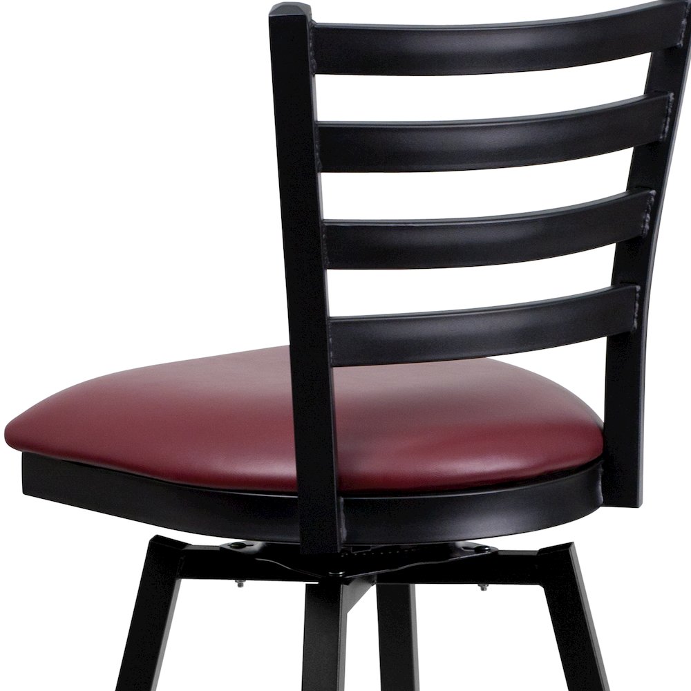 Black Ladder Back Swivel Metal Barstool - Burgundy Vinyl Seat. Picture 6