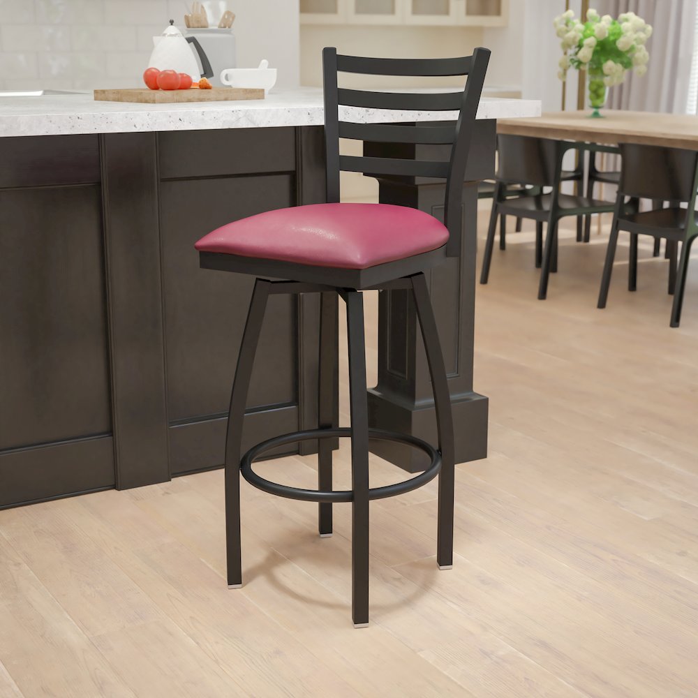 Black Ladder Back Swivel Metal Barstool - Burgundy Vinyl Seat. Picture 7