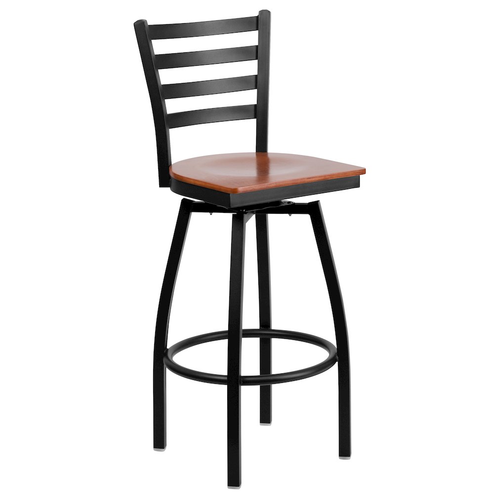 Black Ladder Back Swivel Metal Barstool - Cherry Wood Seat. Picture 1