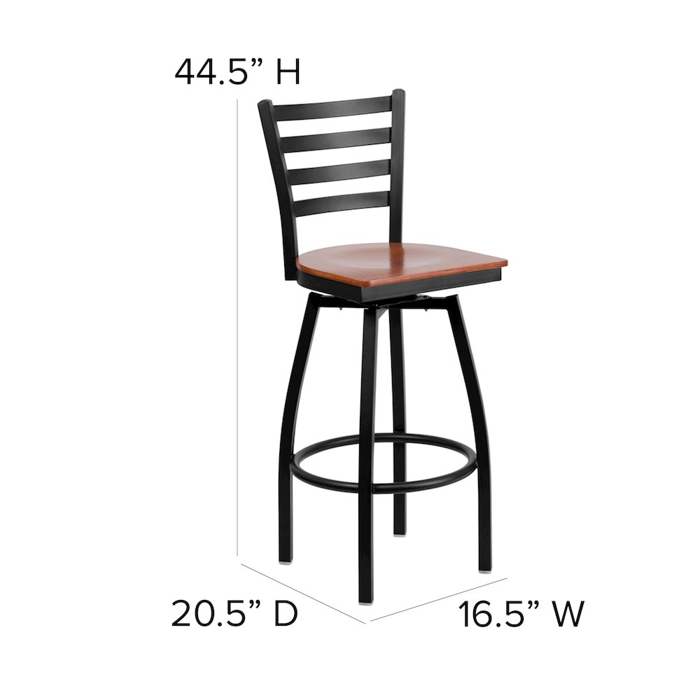 Black Ladder Back Swivel Metal Barstool - Cherry Wood Seat. Picture 5