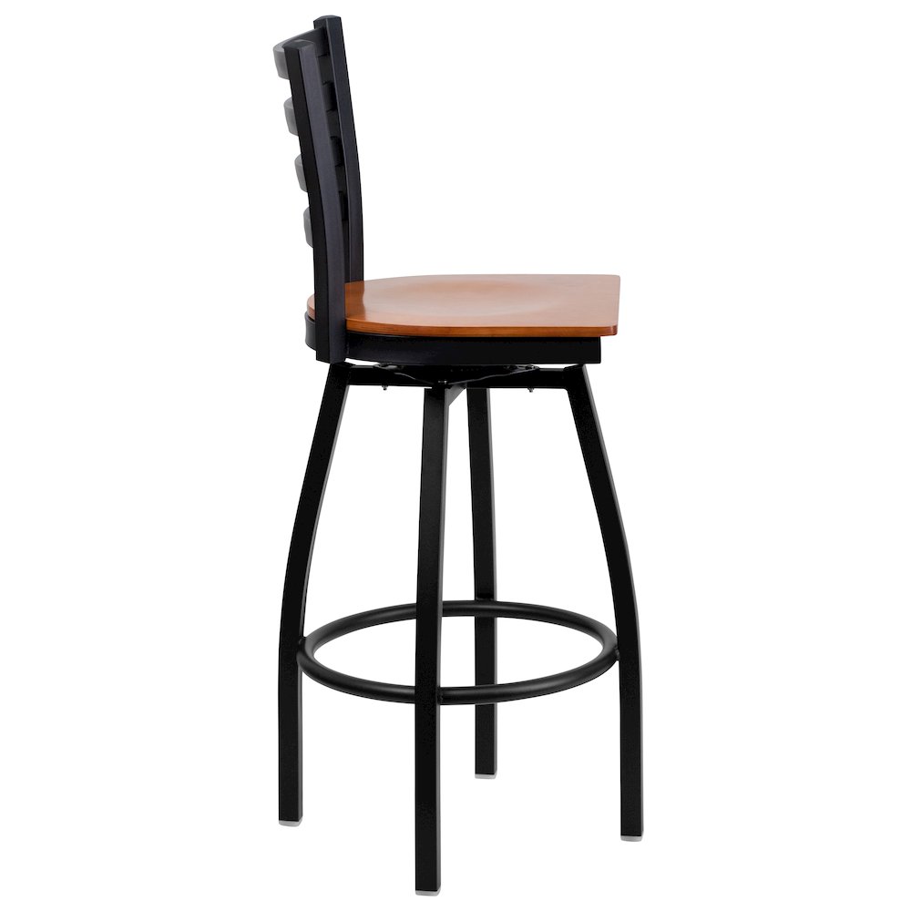 Black Ladder Back Swivel Metal Barstool - Cherry Wood Seat. Picture 8