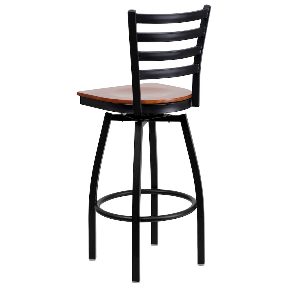 Black Ladder Back Swivel Metal Barstool - Cherry Wood Seat. Picture 6