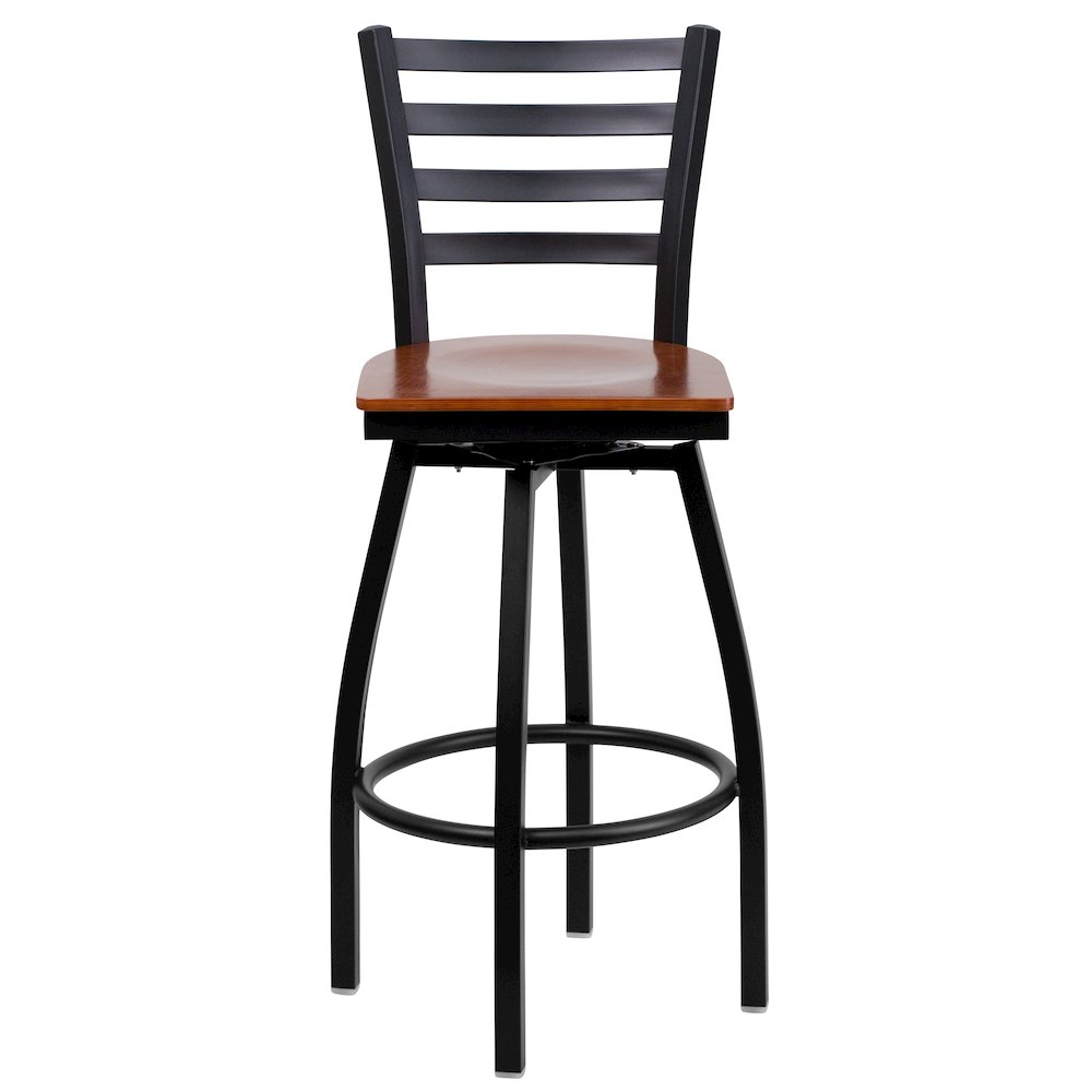 Black Ladder Back Swivel Metal Barstool - Cherry Wood Seat. Picture 9