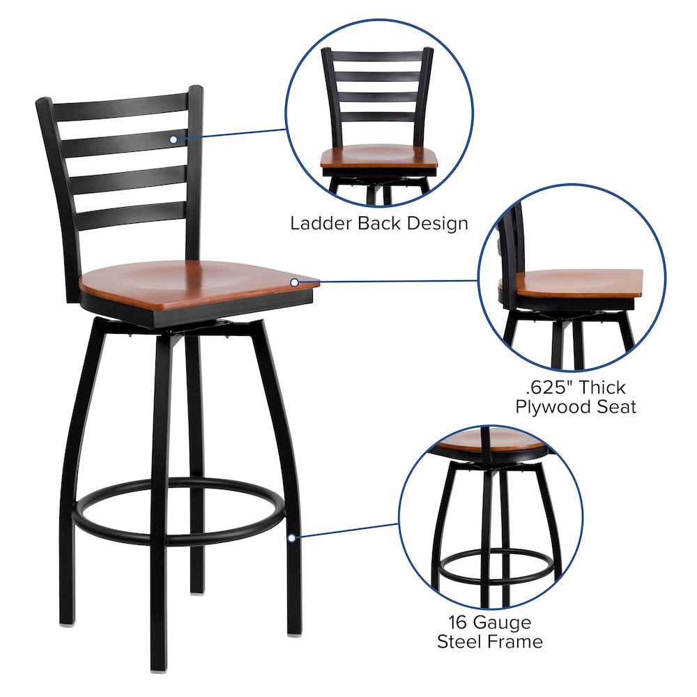 Black Ladder Back Swivel Metal Barstool - Cherry Wood Seat. Picture 4