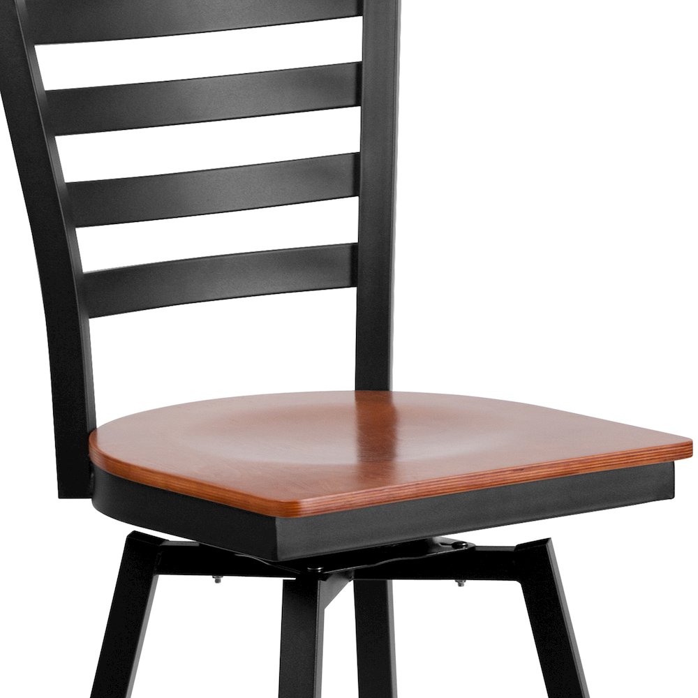 Black Ladder Back Swivel Metal Barstool - Cherry Wood Seat. Picture 10