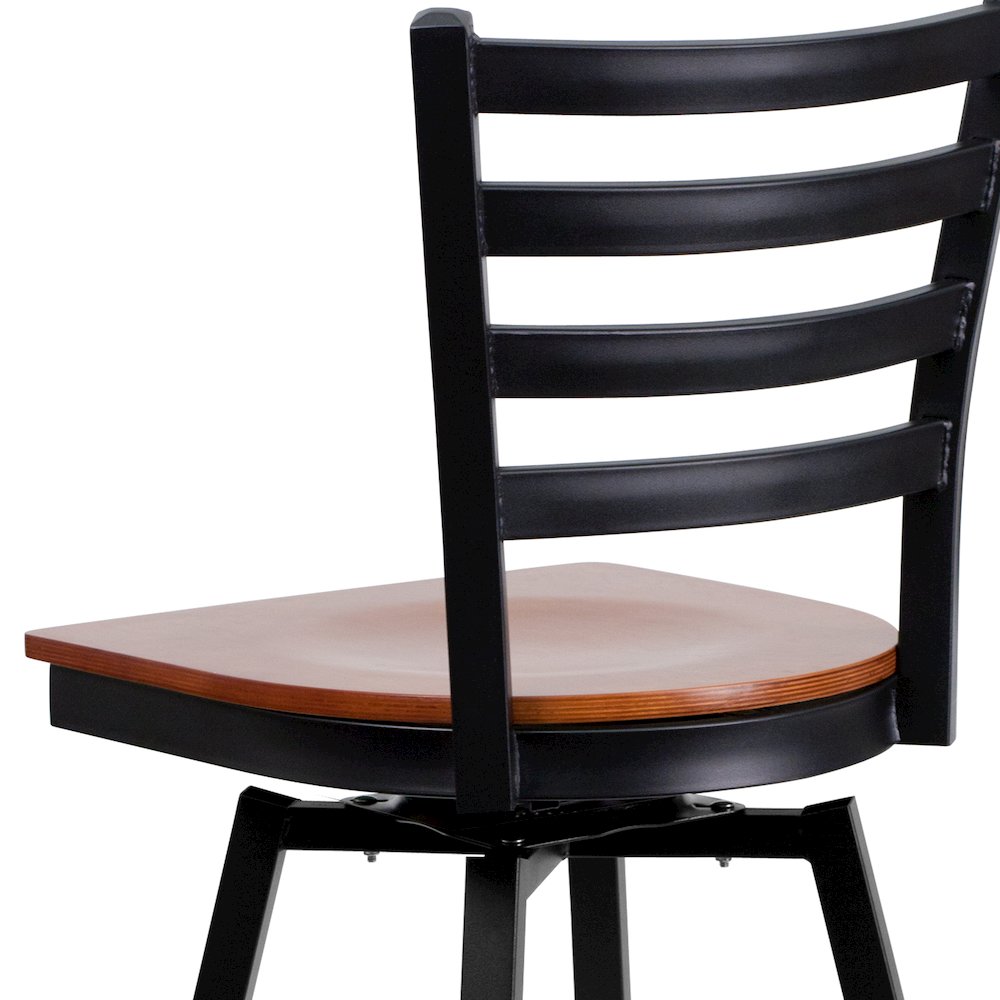 Black Ladder Back Swivel Metal Barstool - Cherry Wood Seat. Picture 7