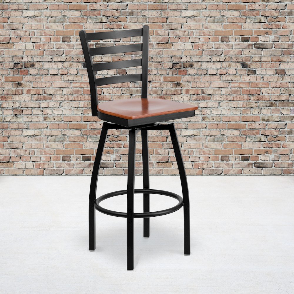 Black Ladder Back Swivel Metal Barstool - Cherry Wood Seat. Picture 2