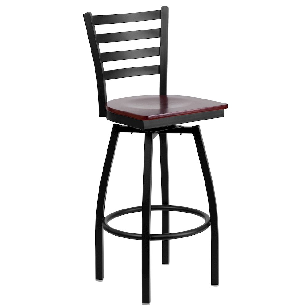 Black Ladder Back Swivel Metal Barstool - Mahogany Wood Seat. Picture 1