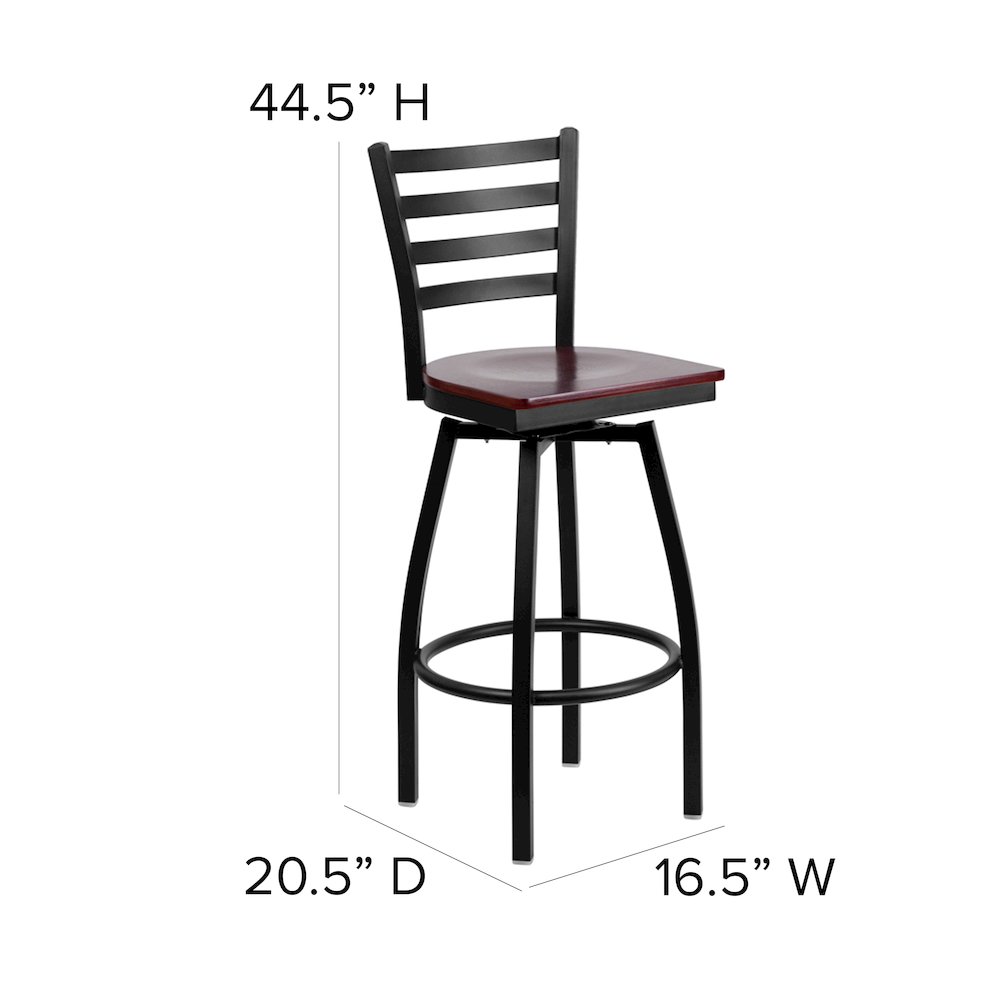 Black Ladder Back Swivel Metal Barstool - Mahogany Wood Seat. Picture 5