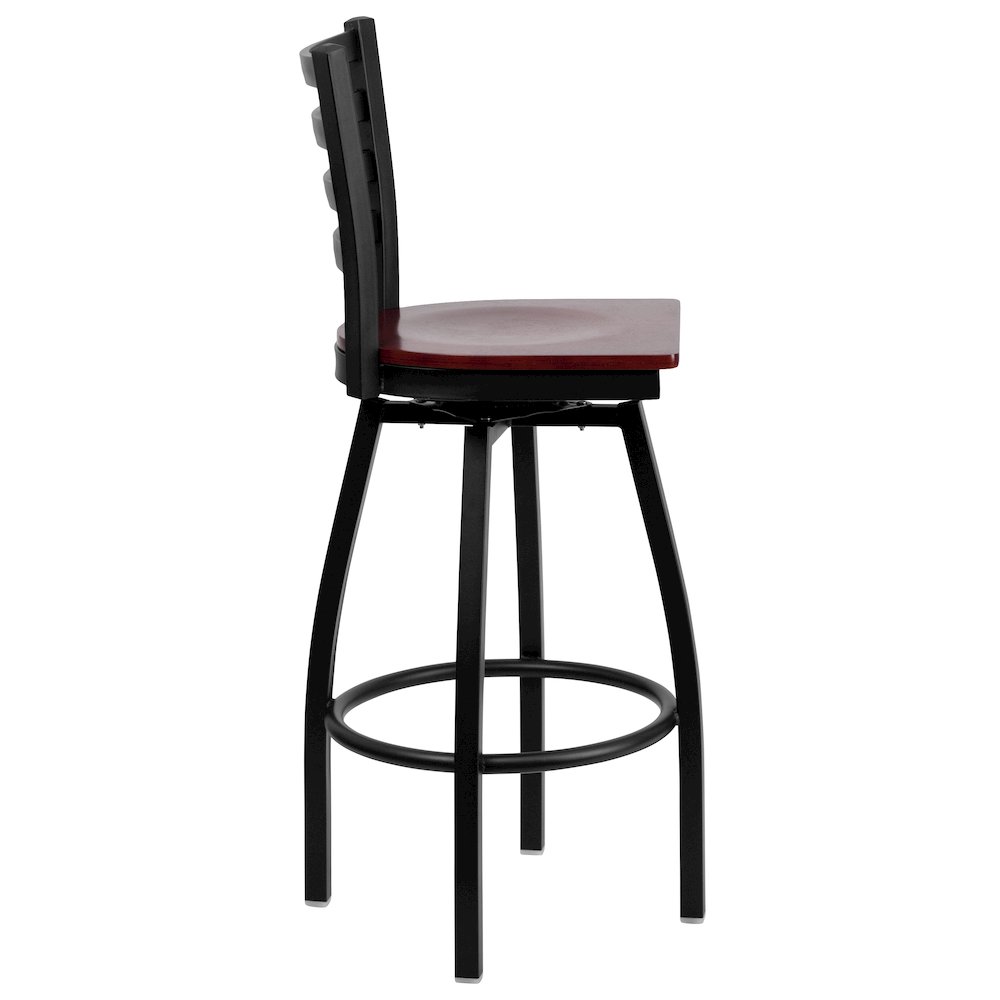 Black Ladder Back Swivel Metal Barstool - Mahogany Wood Seat. Picture 8