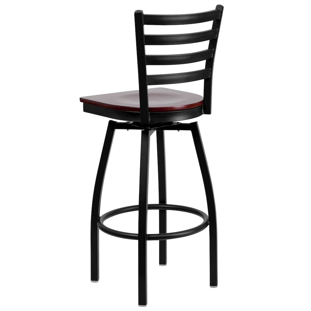 Black Ladder Back Swivel Metal Barstool - Mahogany Wood Seat. Picture 6