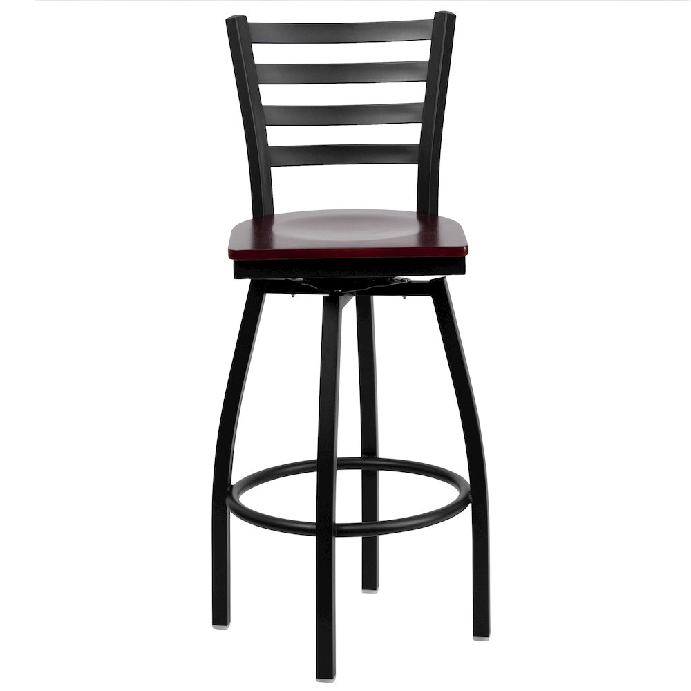 Black Ladder Back Swivel Metal Barstool - Mahogany Wood Seat. Picture 9