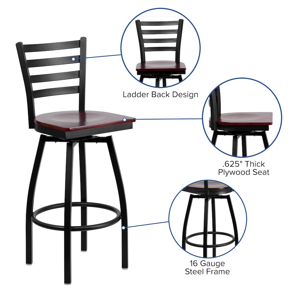 Black Ladder Back Swivel Metal Barstool - Mahogany Wood Seat. Picture 4