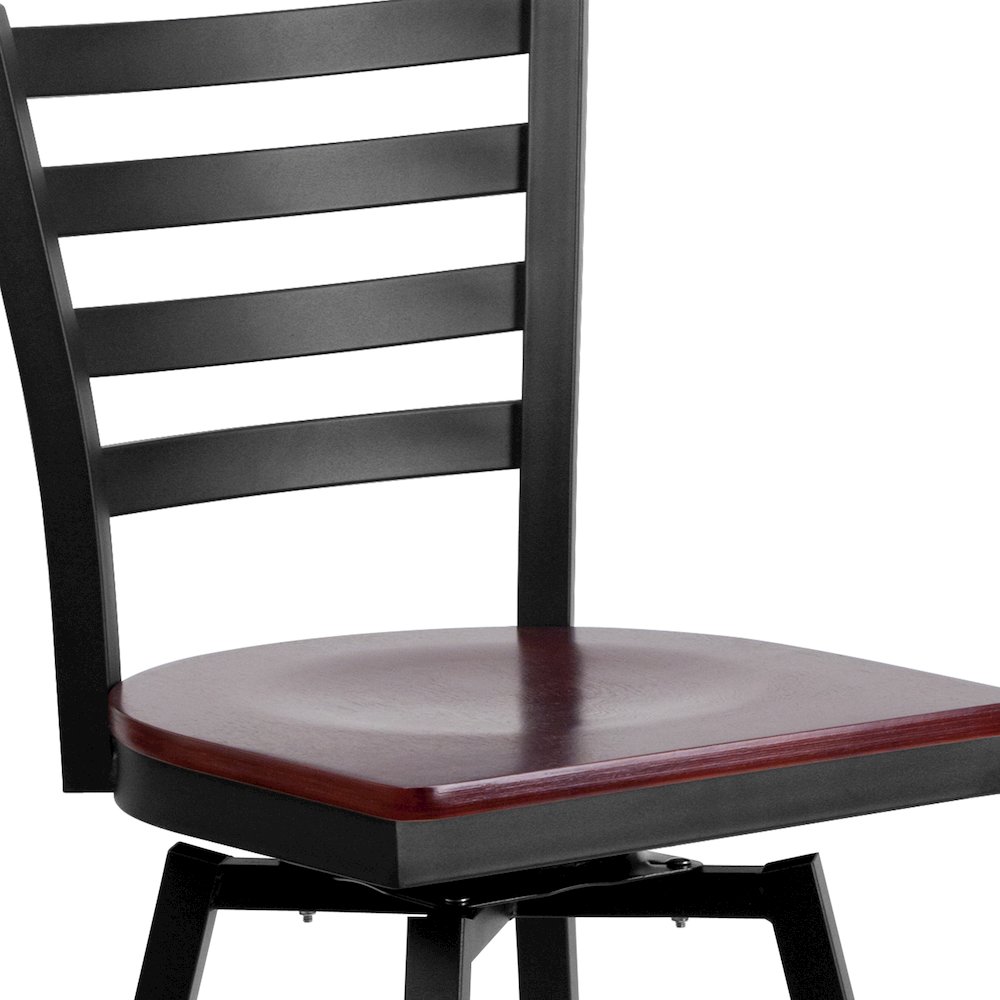 Black Ladder Back Swivel Metal Barstool - Mahogany Wood Seat. Picture 7