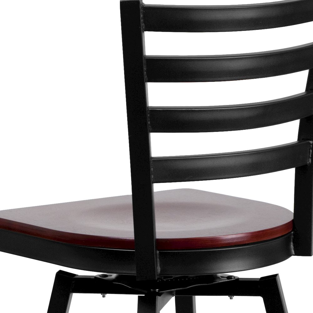 Black Ladder Back Swivel Metal Barstool - Mahogany Wood Seat. Picture 10