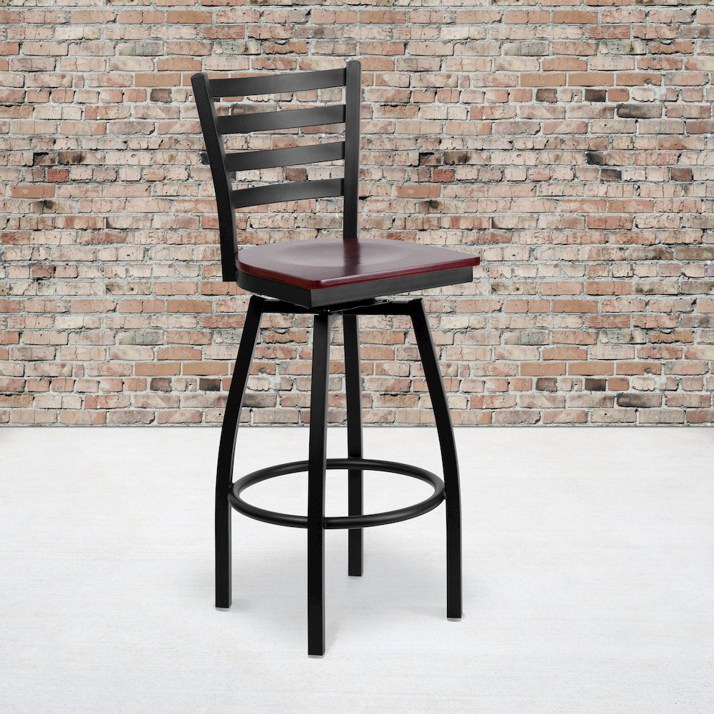 Black Ladder Back Swivel Metal Barstool - Mahogany Wood Seat. Picture 2