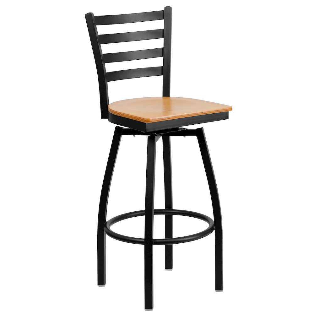 Black Ladder Back Swivel Metal Barstool - Natural Wood Seat. Picture 1